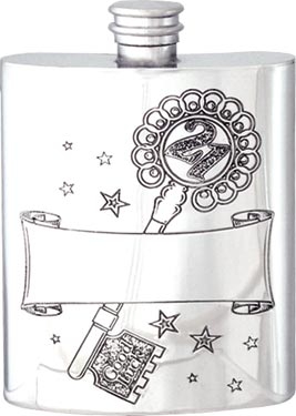 Pewter Hip Flask - 21st Birthday with Key