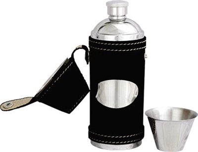 Leather Bound Stainless Steel Hunting Flask - Black