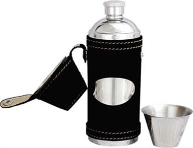 Leather Bound Stainless Steel Hunting Flask - Black
