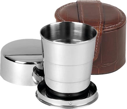Stainless Steel Collapsable Travel Cup in Crocodile Style Leather Case - Brown