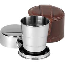 Stainless Steel Collapsable Travel Cup in Crocodile Style Leather Case - Brown