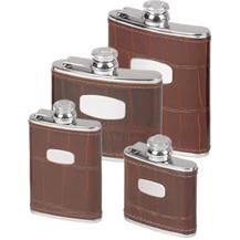 Stainless Steel Leather Bound Captive Top Hip Flask - Crocodile Style