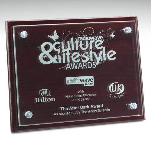 GW79M Mahogany Finish Plaque With 6mm Glass Plaque Attached To Front 