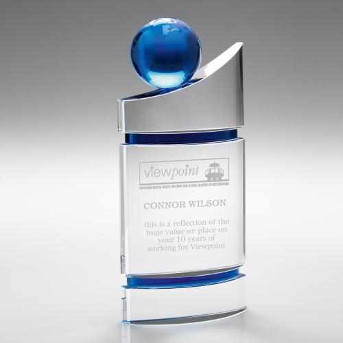 Clear/Blue Domed Glass Plaque With Blue Globe