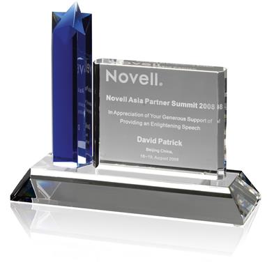 Blue Crystal Oblong Star Column Award set in Clear Crystal Base - AC74
