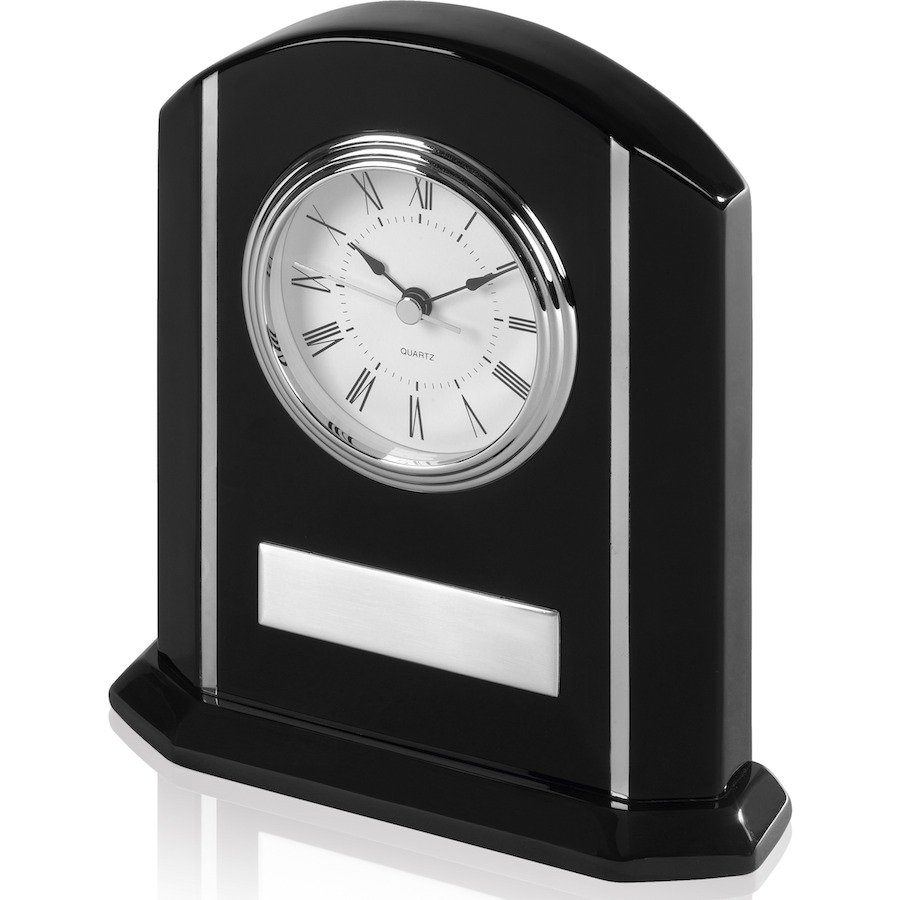 Desk Top Presentation Clock in Black Piano Wood with Metal Inlays